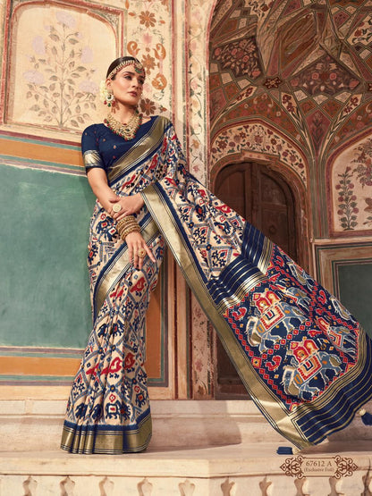 White And Red Patola Silk Saree