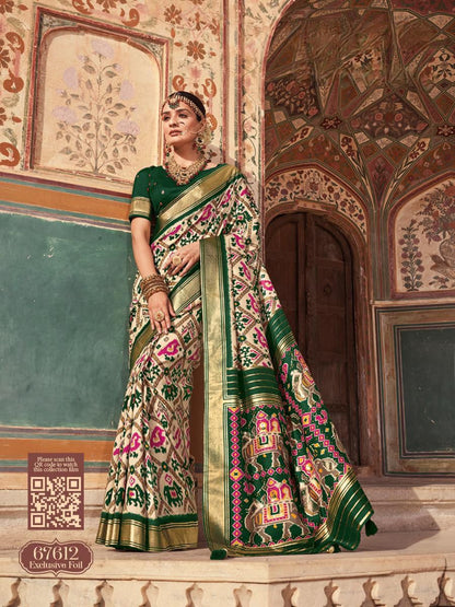 White And Red Patola Silk Saree