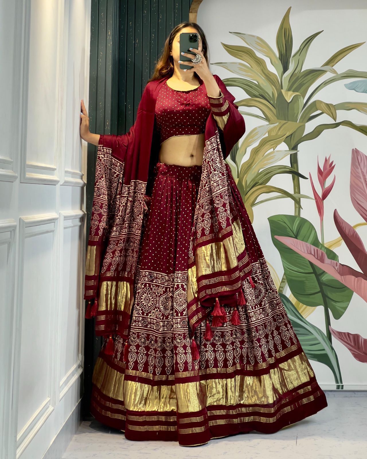 Beautiful Ajrakh print choli with cancan with Astar