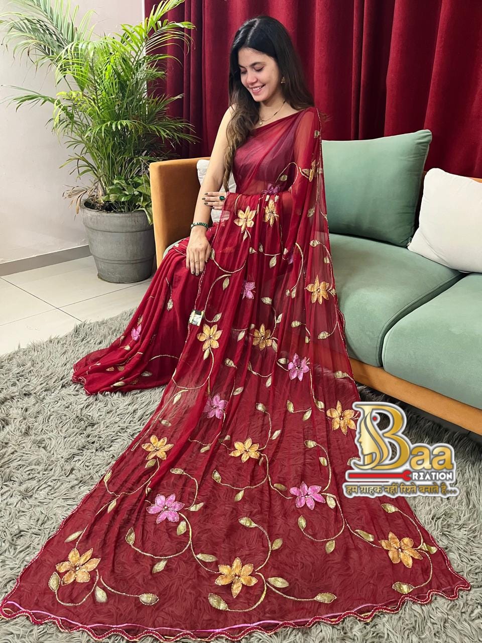 SEMI CHIFFON FABRIC CRYSTAL WORK HAND WORK