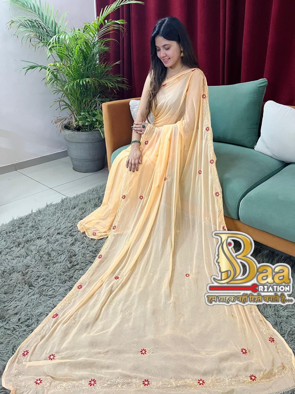 Soft Semi Chiffon Fabric Hand Kasab Work