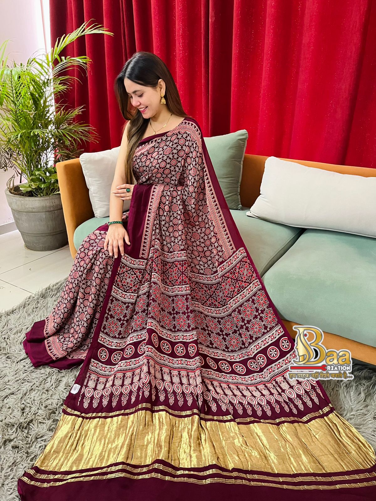 Pure modal silk Ajrakh saree  With dotted blouse