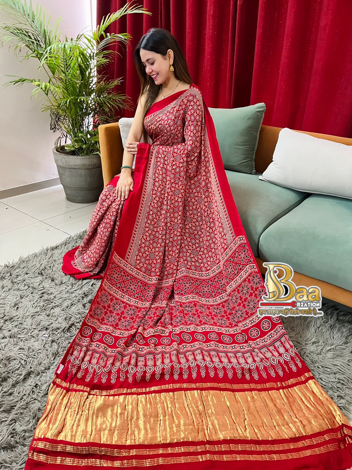 Pure modal silk Ajrakh saree  With dotted blouse