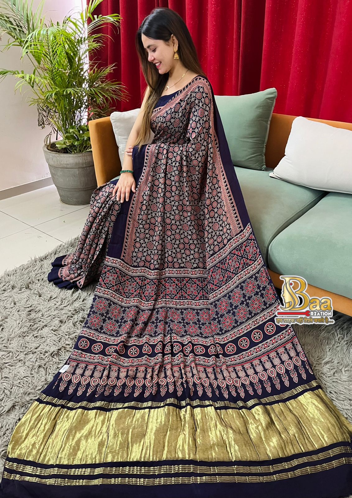 Pure modal silk Ajrakh saree  With dotted blouse