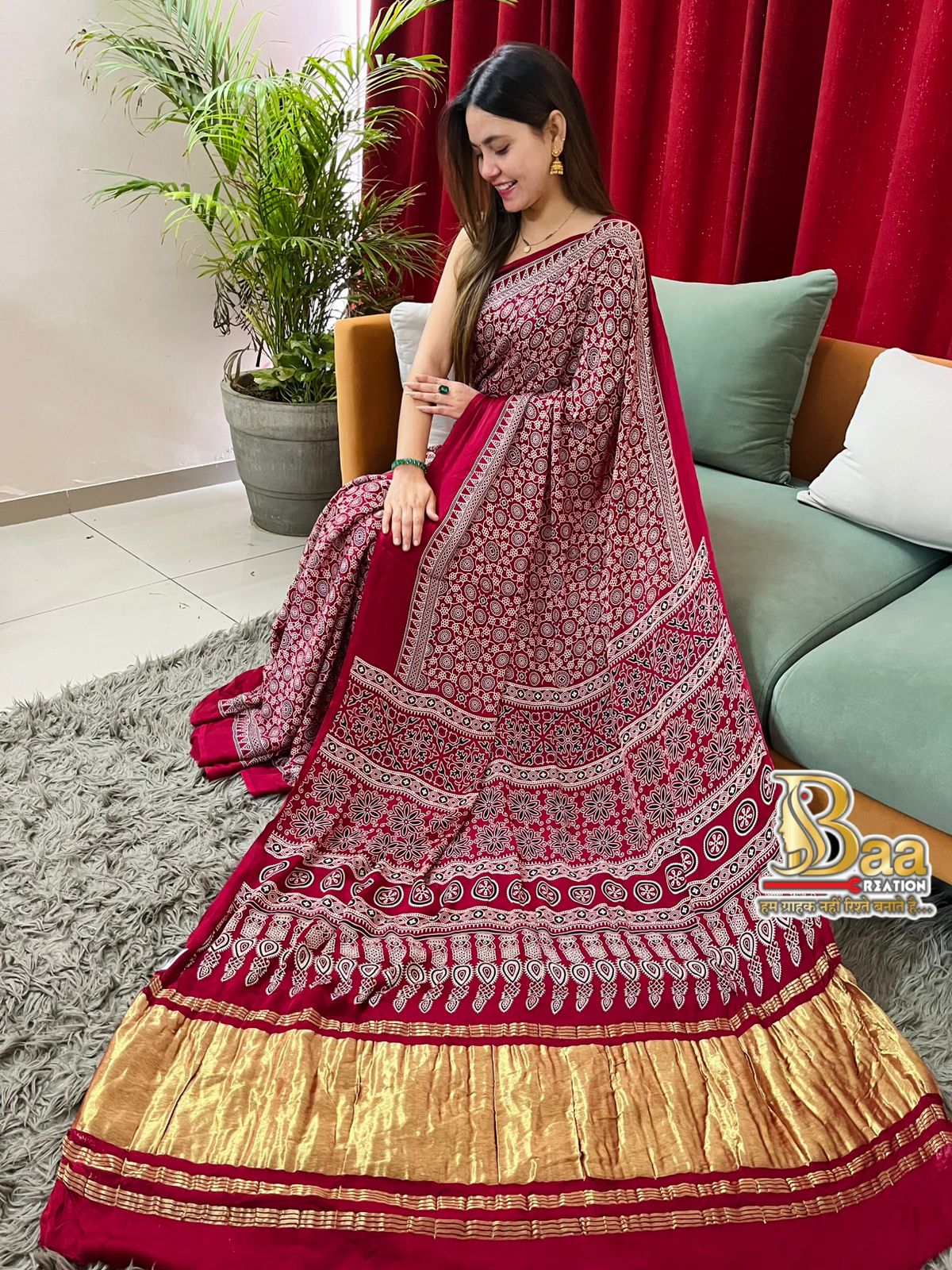 Pure modal silk Ajrakh saree  With dotted blouse