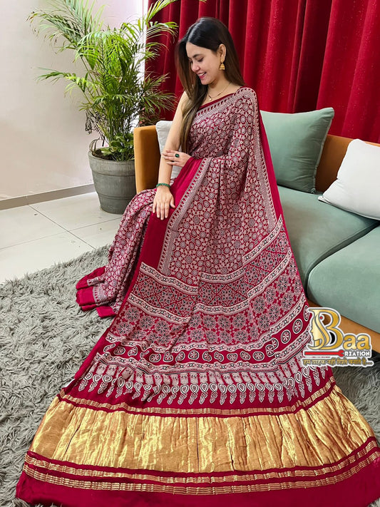 Pure modal silk Ajrakh saree  With dotted blouse