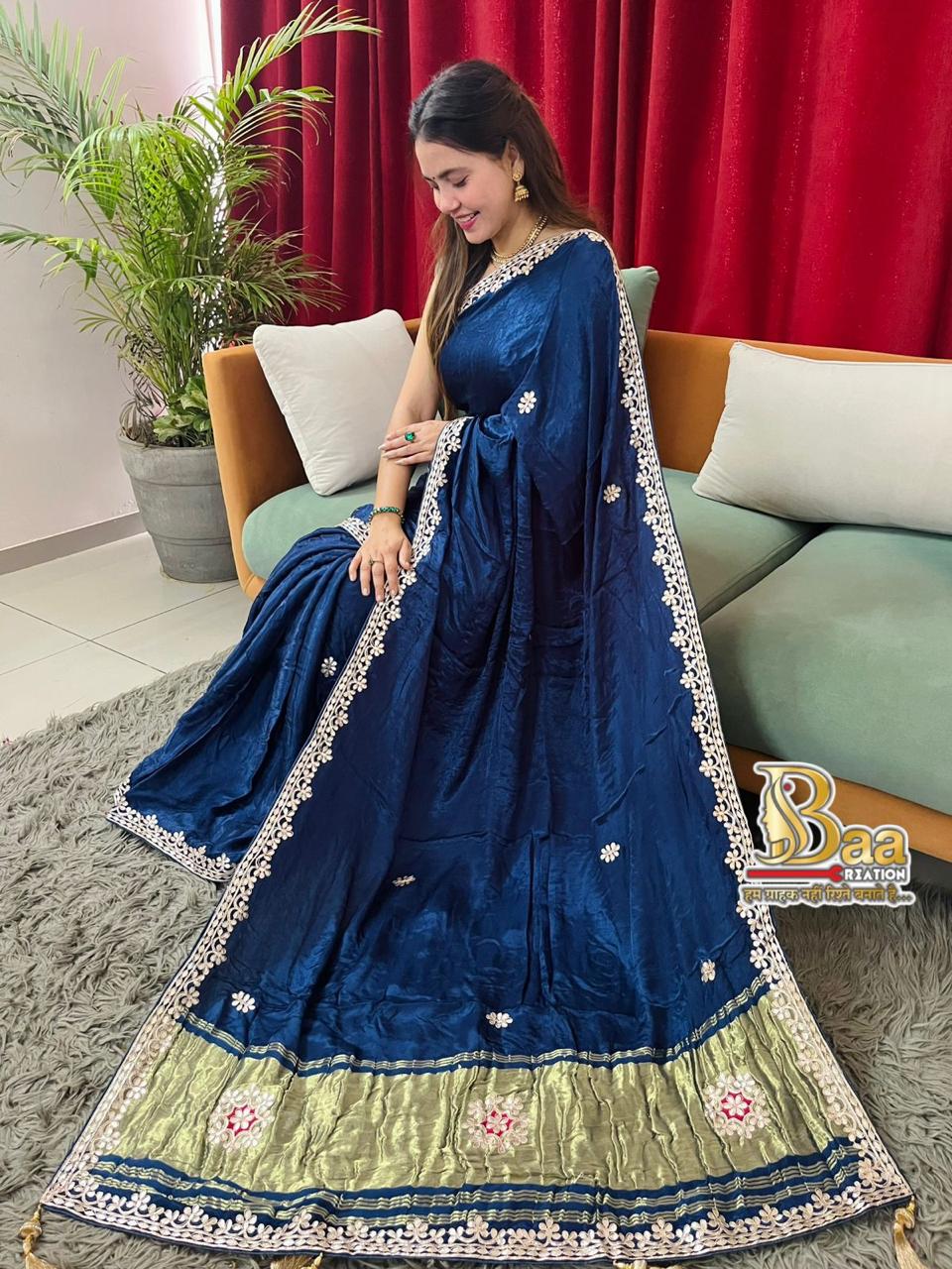 Semi Modal Silk Plain Lagadi Patta Saree With Work