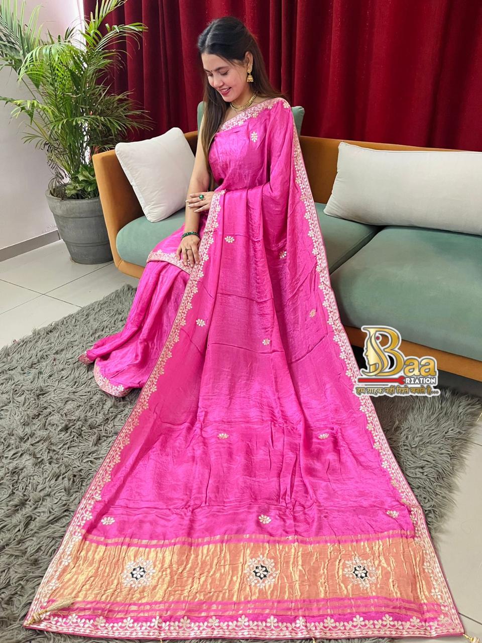 Semi Modal Silk Plain Lagadi Patta Saree With Work