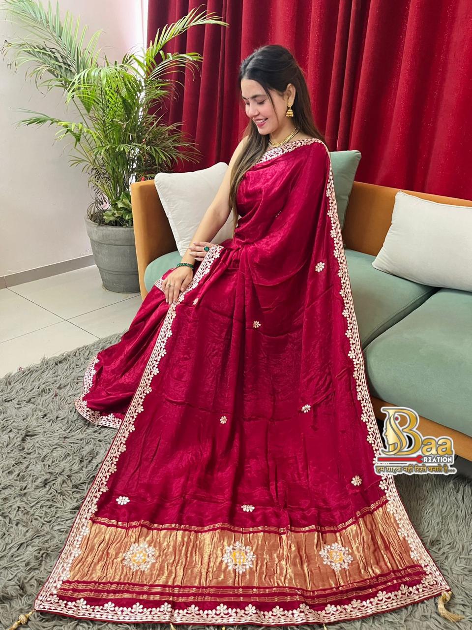 Semi Modal Silk Plain Lagadi Patta Saree With Work