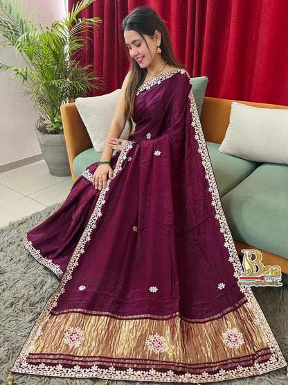 Semi Modal Silk Plain Lagadi Patta Saree With Work