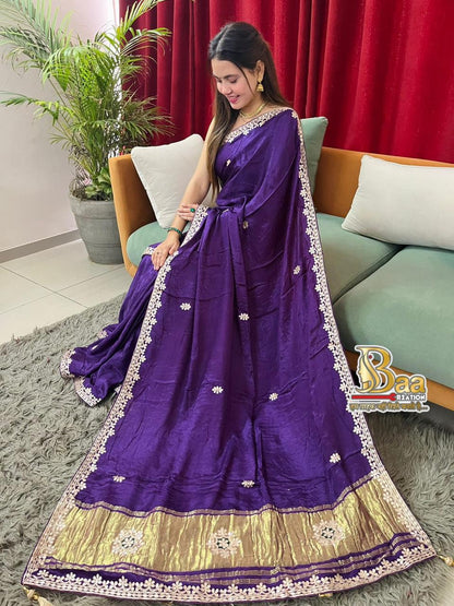 Semi Modal Silk Plain Lagadi Patta Saree With Work