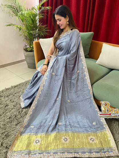 Semi Modal Silk Plain Lagadi Patta Saree With Work