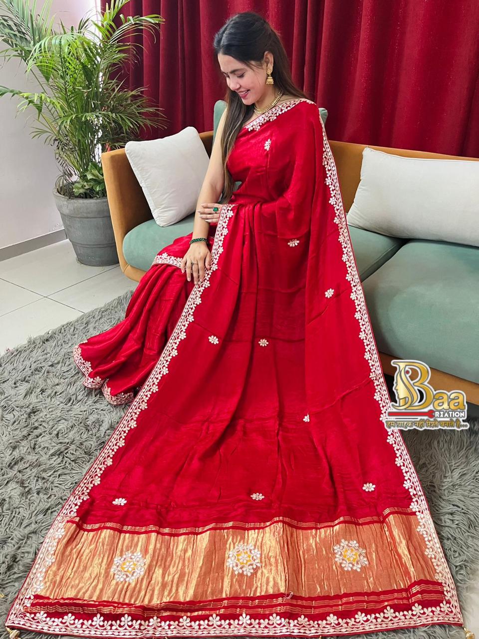 Semi Modal Silk Plain Lagadi Patta Saree With Work